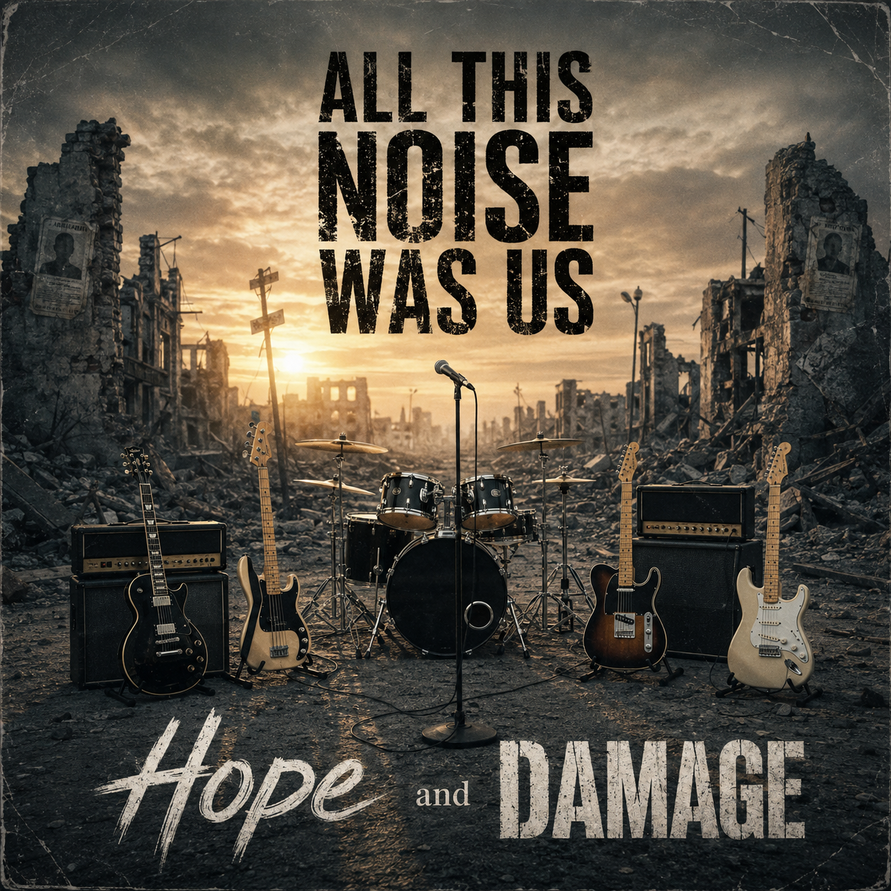 Hope and Damage original album artwork: All This Noise Was Us. Unattended band equipment including guitars, bass, drums, amplifiers, and a central microphone amidst ruined cityscape under an amber sky.